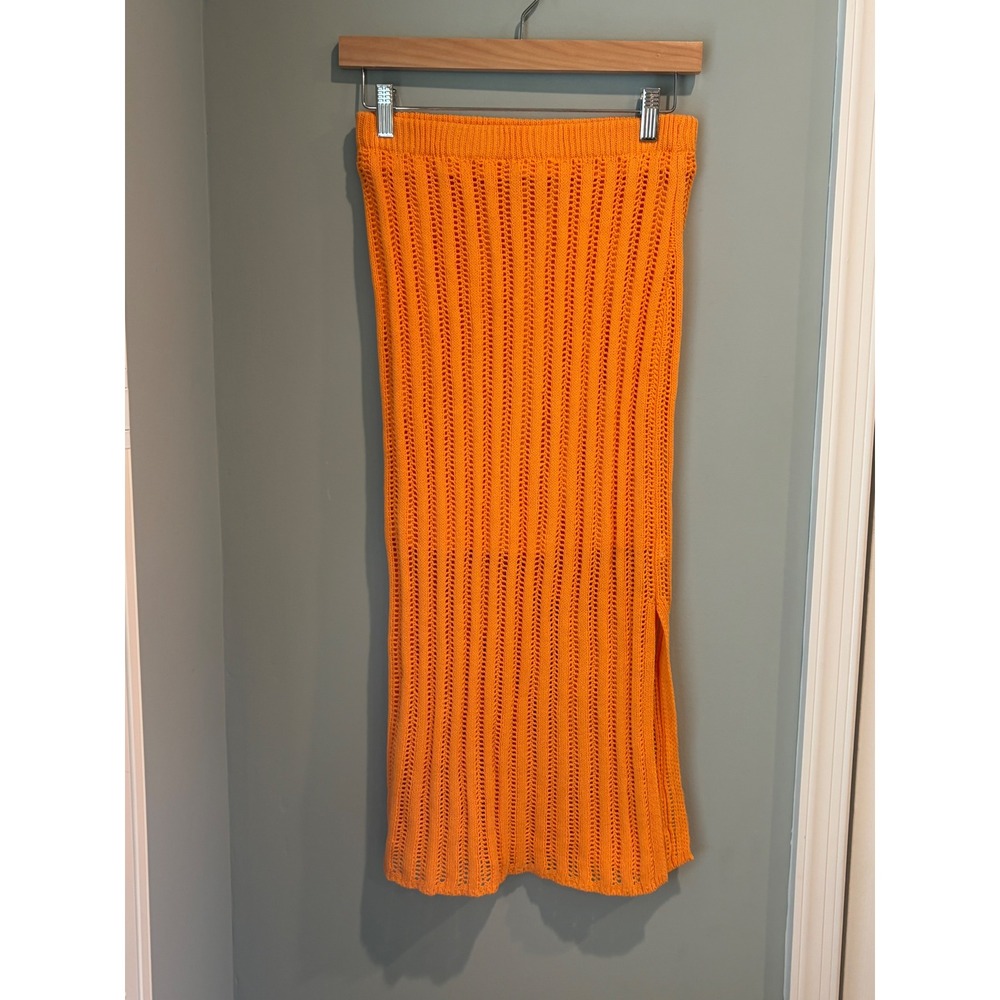 Freshman 1996 Orange Open Knit Midi Skirt Side Slit Lined Size Small